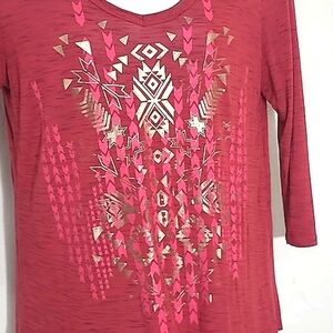 Tru Self Long Sleeve Top Red Pink Gold Geometric Southwest Boho Tunic Scoop Neck